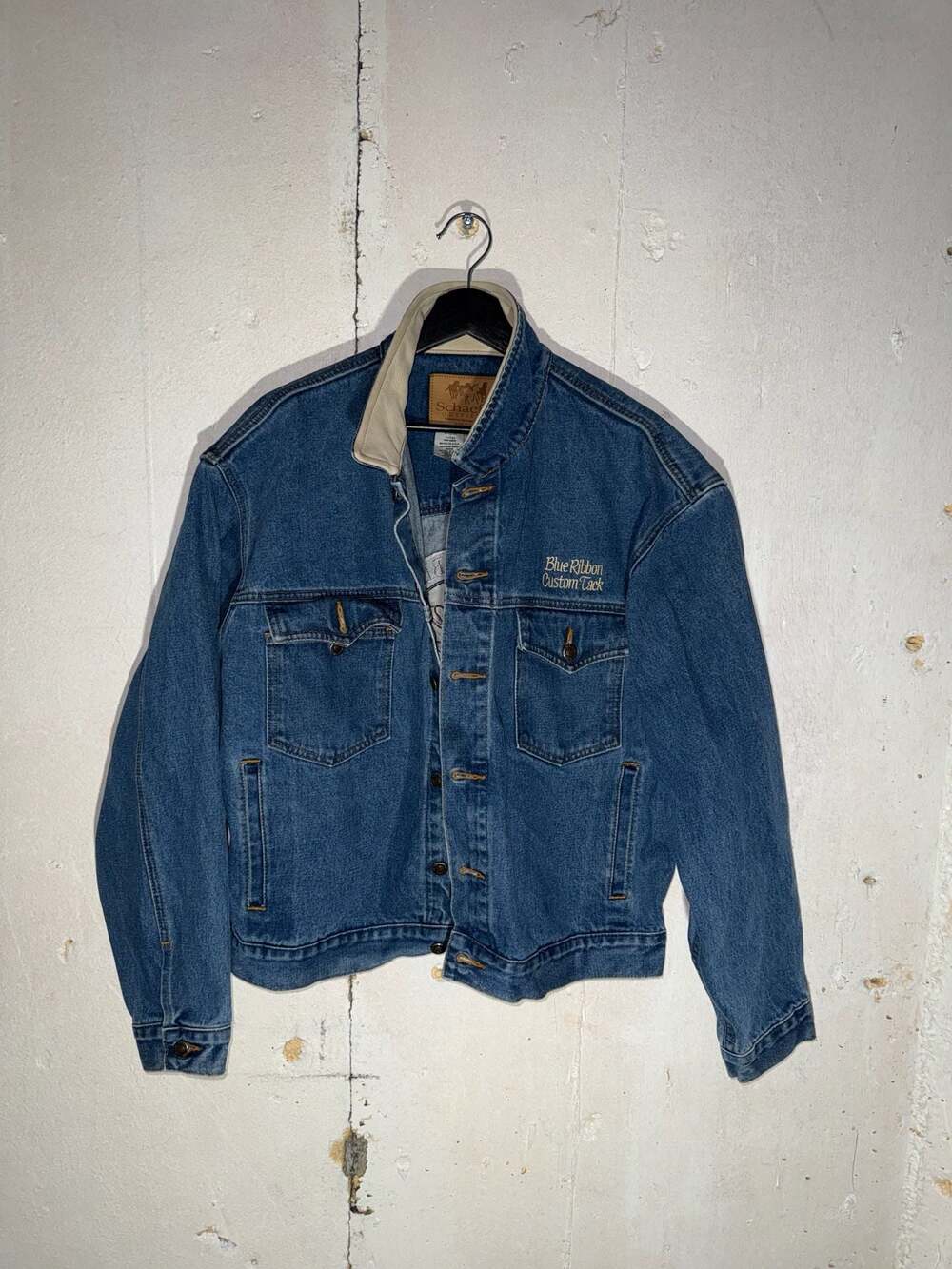 Vintage Schaefer Outfitter Blue Ribbon Custom Tack Denim Trucker Jacket Made in